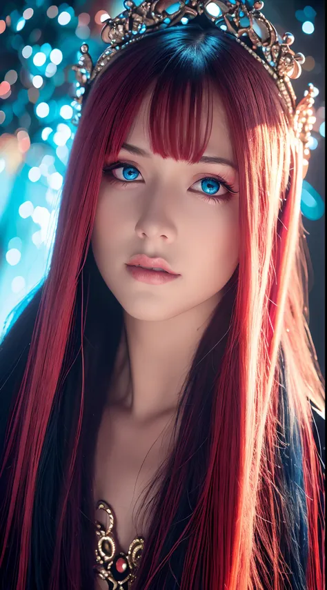 Best quality, 4K, high resolution, Masterpiece:1.2, super ultra detail, (Realistic, Photorealistic, photo-realistic:1.37), vibrant, Red and blue heterochromic eyes，Strong gaze，Mesmerizing eye contact，Fire-red iris，Dark blue shining stars，Shining pupils，Viv...