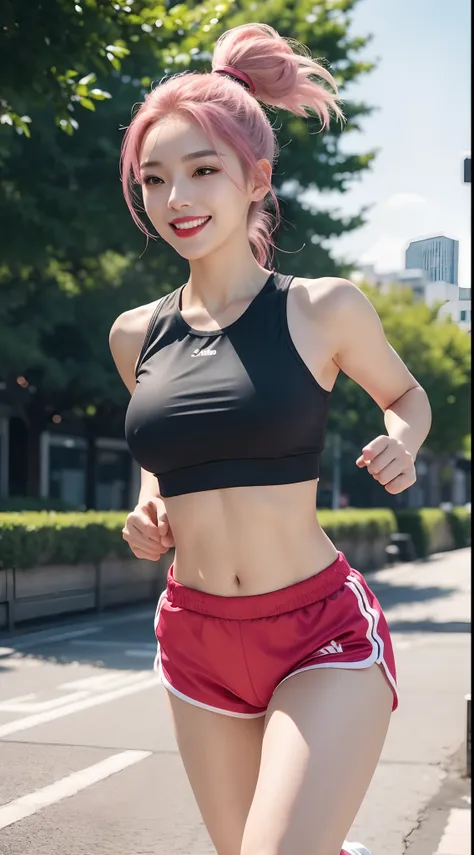 best quality, 4k, 8k, Detailed faces, clear face, Beautiful Girl, Korean makeup, red lips, smiling, Perfect body, big breasts, thigh, Platinum hair, hair tied in a ponytail, Girl in sportswear, short crop top, Tight shorts, Black and pink outfits, run, run...