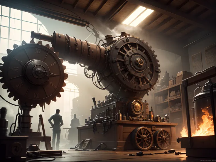 Steampunk digital art of an inventor’s workshop, with intricate machines, gears, and steam engines, extremely detailed, cinematic lighting.