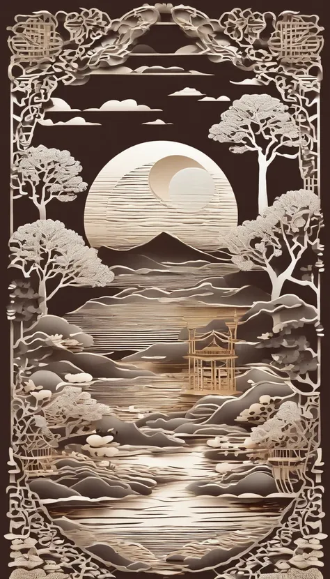 Three-dimensional paper cutting，3D，edgBunny，Festive lanterns, themoon, Moon viewing, Impressionism，Circle composition，Reflection in the water, Warm light, Festive lights, Colorful light，Poster art，Mid-Autumn Festival，Chinese landscape painting