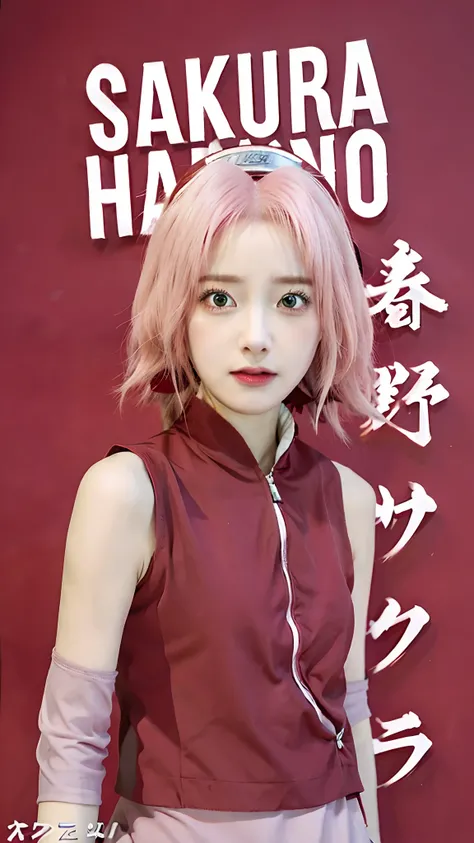 Real life adaption of this character,her name is sakura haruno from anime Naruto,she has a realistic same pink hair with a red headband, realistic same outfit, realistic same apron, beautiful korean teen face, she has green eyes color, realistic light, rea...