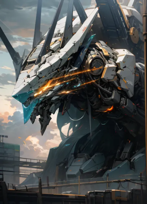 Skysky，​​clouds，holding_weapon，no_humans，with light glowing，Mechanical behemoths to start，Robots with a lot of details，Mechanical details，buliding，glowing_eyes，mecha，scientific fiction，城市，Realistis，mecha