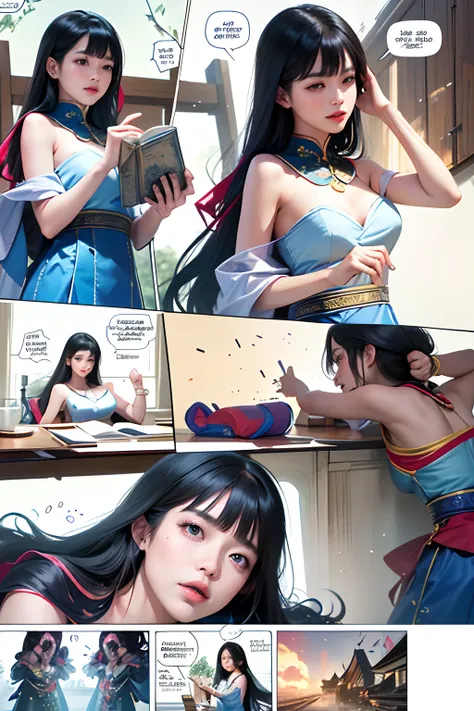 comic storyboard, 1 chinese woman，the beautiful，costume dress，edgbunny，full moon, 32k ，hyper hd, manga book