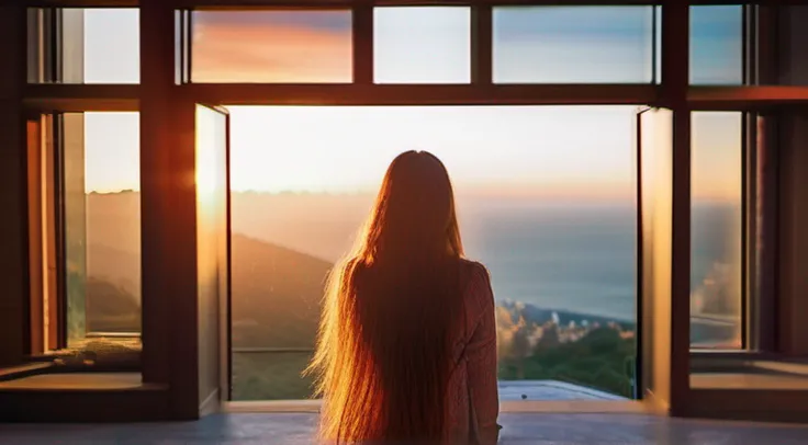 (far view), (1 girl) with loose hair, (sunrise), masterpiece, high quality, morning glow, multicolored glow, nikon d850 4 Kodak portra 400 camera f1.6 lens rich colors, ultra realistic textures, unreal engine