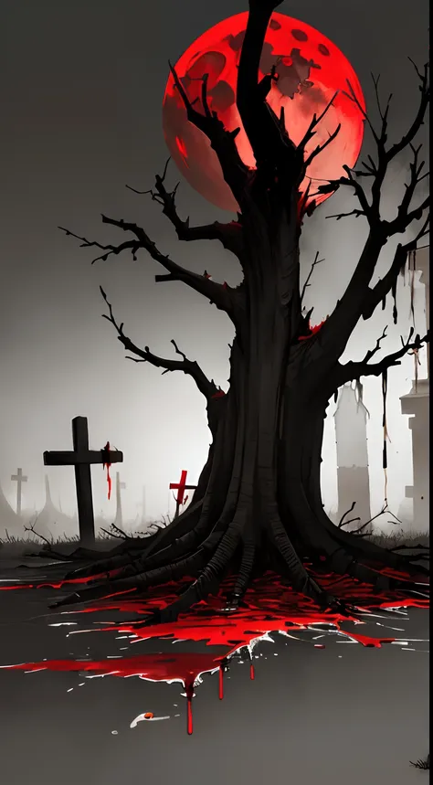 oil, a dead tree bleeeding out, (there is blood dripping from the tree), sadness, gray, empty feeling,loniless, branches, fog, horror, (red moon), artistic, sad emotions, cinematic image,, death,danger, graveyard, cross, blood,