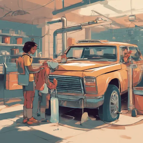 Semi-realistic car wash illustration, Girl washing the car, The boy squatted in the car suit, The other holds the jacket and carefully examines the translucent color of the part, Each one makes different parts in the packaging application process of cars. ...