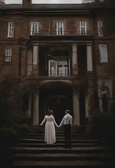 An image of Sarah and David, a young, loving couple, smiling broadly as they hold hands, in front of a beautiful country house. They are dressed in casual clothes, with expressions of excitement and hope on their faces. The house, in the background, is a c...