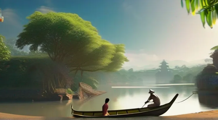 Tranquil scenery of ancient Southeast Asia、bananeiras、Residents are fishing in a creek、master part, melhor qualidade, 4k, 8k, Realistic、foto realista、.RAW, fotografia、fotografia, anatomia perfeita