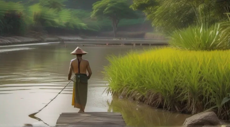 Tranquil scenery of ancient Southeast Asia、bananeiras、Residents are fishing in a creek、master part, melhor qualidade, 4k, 8k, Realistic、foto realista、.RAW, fotografia、fotografia, anatomia perfeita