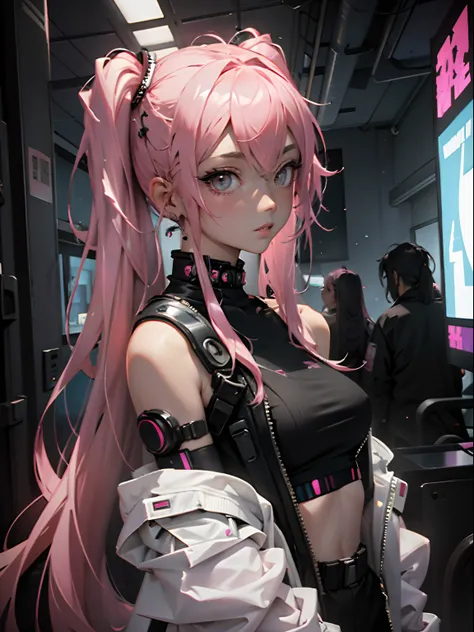 Beautiful woman pink twin tail long hair、cyberpunk style short clothes、gazing at viewer、front facing、