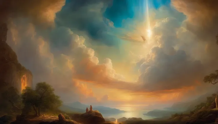 "The art apostle juan hidden watching God talking to angels in the clouds in heaven in paradise inspired by the dramatic style of the British artist John Martin."