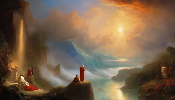 "The art apostle juan hidden watching God talking to angels in the clouds in heaven in paradise inspired by the dramatic style of the British artist John Martin."