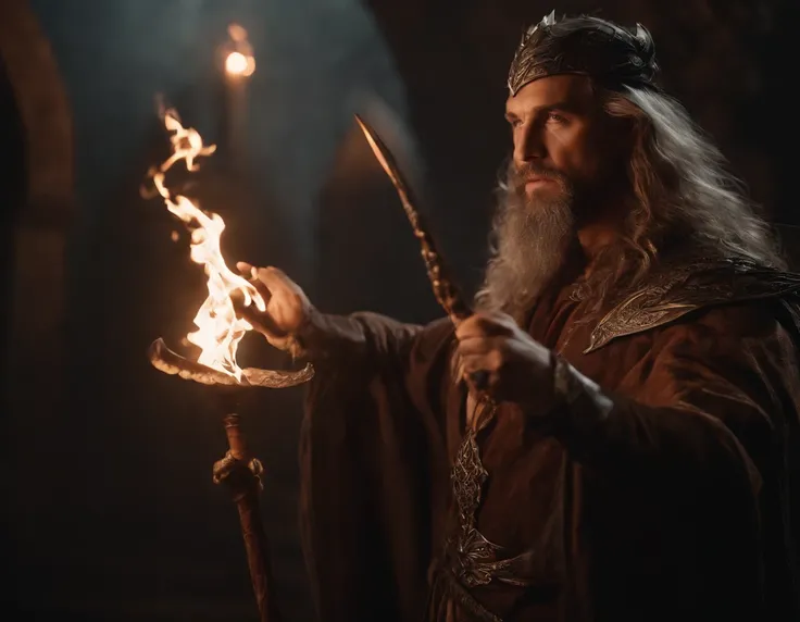 Arafed man with a dragon and a staff holding a fire, an arcane wizard casting a spell, Foto do personagem de fantasia, retrato closeup de um mago, dungeons and dragons character, Velho Archmage masculino, wizard casting a spell, Unreal Engine Arte de fanta...