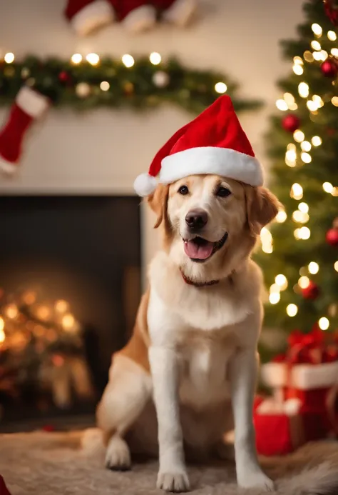 a variety of dogs dressed in santa claus hats and red bow for tie，lighted christmas tree in background, Fresh and lovely，a warm color palette，Warm scene，smiling girl，Friendly，Natural light，soft shade