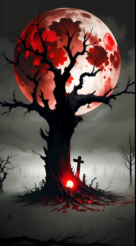 oil, a dead tree bleeeding out, (there is blood dripping from the tree), sadness, gray, empty feeling,loniless, branches, fog, horror, (red moon), artistic, sad emotions, cinematic image,, death,danger, graveyard, cross, blood,blood dripping,bleeding,