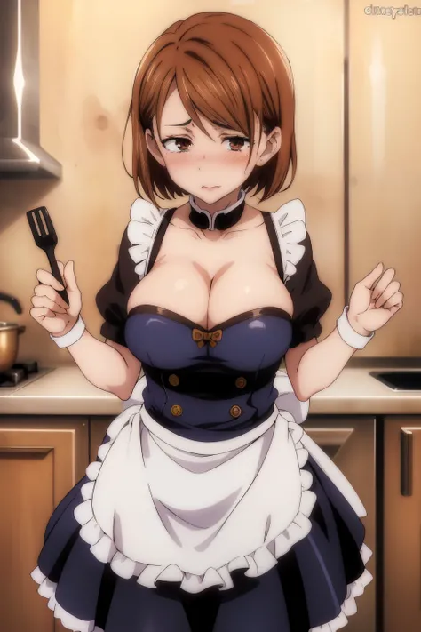 Mommy Masterpiece, erotic, ero, 18+, nsfw,maid costume, short brown hair , brown detailed sparkling eyes , embarrassed , blushing                                                                                          
  (Best quality:1.3),big breasts, na...