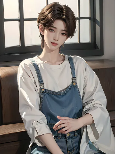 ((4K works))、​masterpiece、（top-quality)、((high-level image quality))、((One Manly Boy))、Slim body、((Jeans Fashion))、(Detailed beautiful eyes)、window、Face similar to Chaewon in Ruseraphim、((short hair above the ears))、((Smaller face))、((Neutral face))、((Ligh...