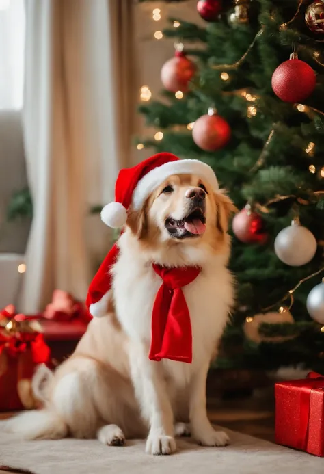 a variety of dogs dressed in santa claus hats and red bow for tie，lighted christmas tree in background, Fresh and lovely，a warm color palette，Warm scene，smiling girl，Friendly，Natural light，soft shade