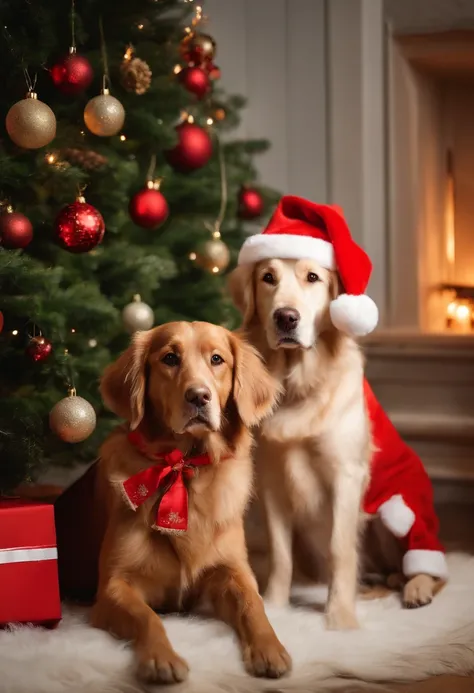 a variety of dogs dressed in santa claus hats and red bow for tie，lighted christmas tree in background, Fresh and lovely，a warm color palette，Warm scene，smiling girl，Friendly，Natural light，soft shade