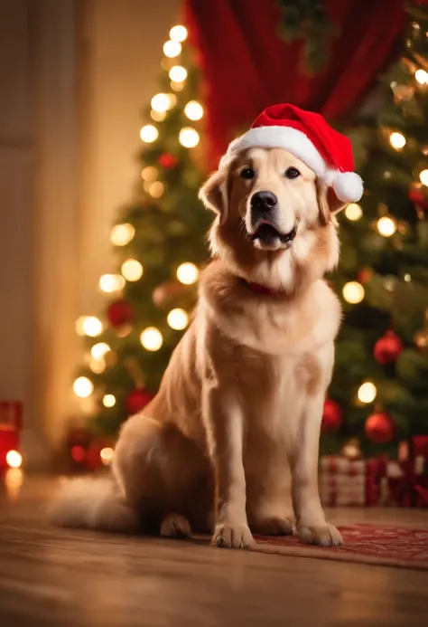 a variety of dogs dressed in santa claus hats and red bow for tie，lighted christmas tree in background, Fresh and lovely，a warm color palette，Warm scene，smiling girl，Friendly，Natural light，soft shade