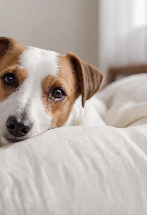 a jack russel terrier in his bed