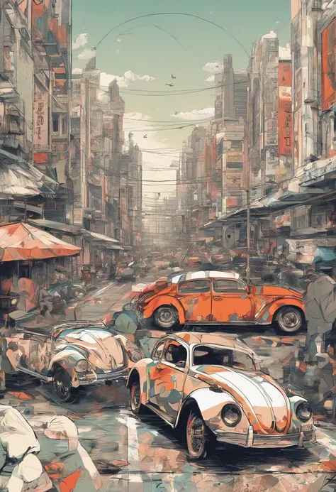 Top to bottom view of a vintage Beetle artwork, Anime style in the 90s, detailed anime art, Vintage anime art from the 90s, Detailed representation of the traditional ladybug shading anime, Retrograde art, nostalgia, dynamic lighting, Clean and pure detail...