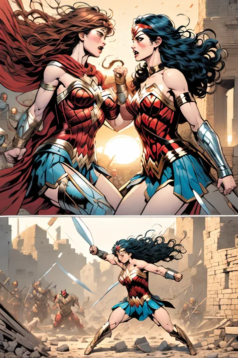 comic strip,wonder women,fighting.wonder woman and monster fight。wonder woman was defeated。wonder woman lies in place，broken clo...