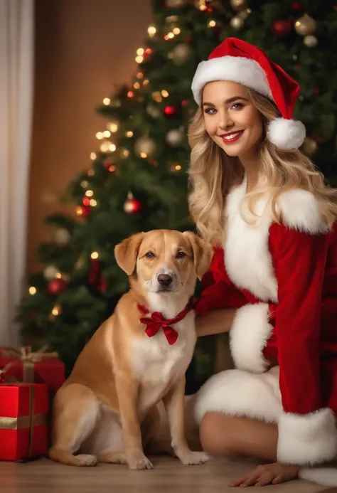 a variety of dogs dressed in santa claus hats and red bow for tie，lighted christmas tree in background, Fresh and lovely，a warm color palette，Warm scene，smiling girl，Friendly，Natural light，soft shade