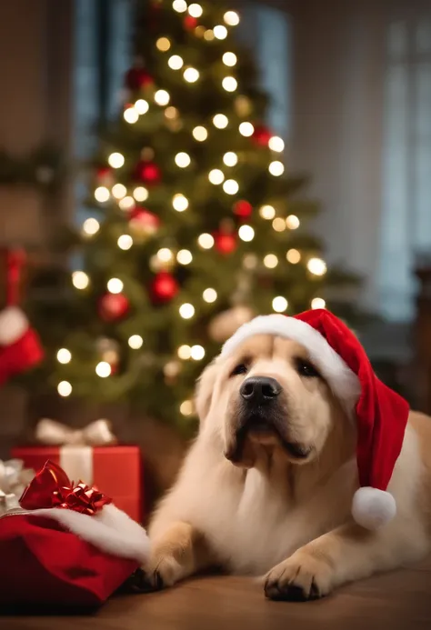 a variety of dogs dressed in santa claus hats and red bow for tie，lighted christmas tree in background, Fresh and lovely，a warm color palette，Warm scene，smiling girl，Friendly，Natural light，soft shade