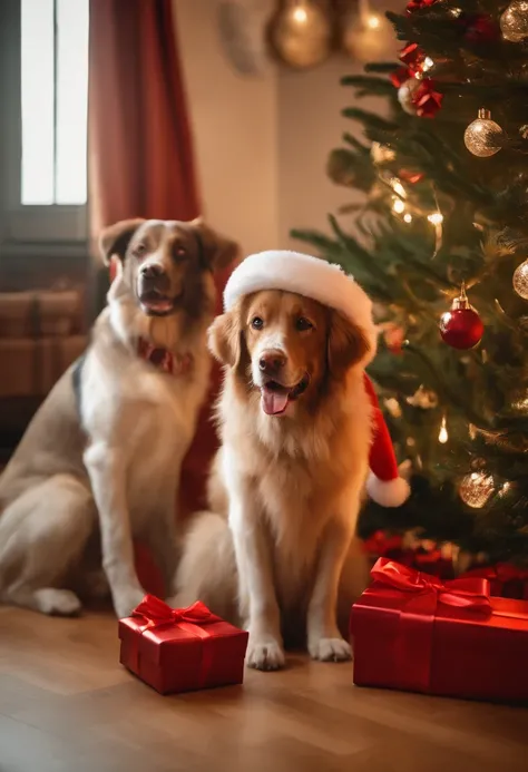 a variety of dogs dressed in santa claus hats and red bow for tie，lighted christmas tree in background, Fresh and lovely，a warm color palette，Warm scene，smiling girl，Friendly，Natural light，soft shade