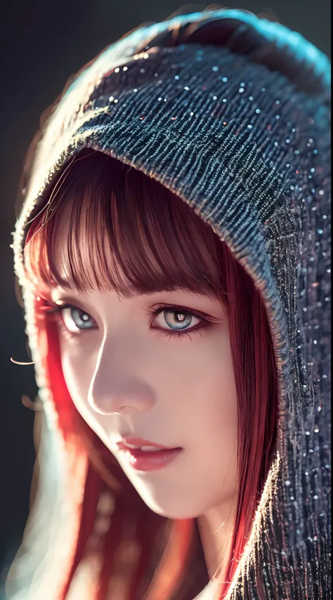 Best quality, 4K, high resolution, Masterpiece:1.2, super ultra detail, (Realistic, Photorealistic, photo-realistic:1.37), vibrant, Red and blue heterochromic eyes，Strong gaze，Mesmerizing eye contact，Fire-red iris，Dark blue shining stars，Shining pupils，Viv...