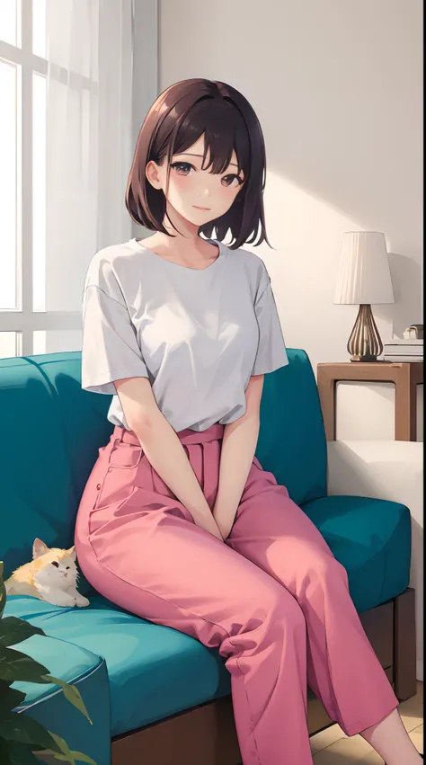 1girll, 独奏, Wear red short sleeves，Wear pink slacks，sitting in the couch，The chest is large，Perfect hands