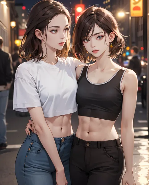 ((Realistic lighting, Best quality, 8K, Masterpiece: 1.3)), Clear focus: 1.2, 1girl, Perfect Figure: 1.4, Slim Abs: 1.1, ((Dark brown hair)), (White crop top: 1.4), (Outdoor, Night: 1.1), City streets, Super fine face, Fine eyes, Double eyelids,