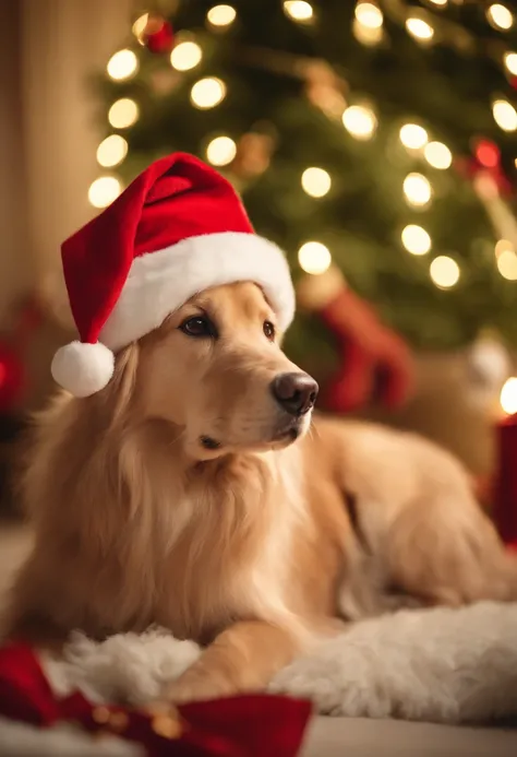 a variety of dogs dressed in santa claus hats and red bow for tie，lighted christmas tree in background, Fresh and lovely，a warm color palette，Warm scene，smiling girl，Friendly，Natural light，soft shade