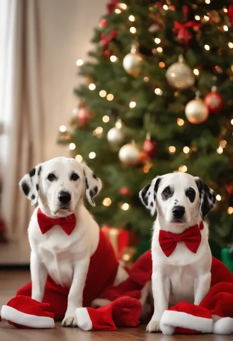 dalmations dogs dressed in santa claus hats and red bow for tie，lighted christmas tree in background, Fresh and lovely，a warm color palette，Warm scene，smiling girl，Friendly，Natural light，soft shade