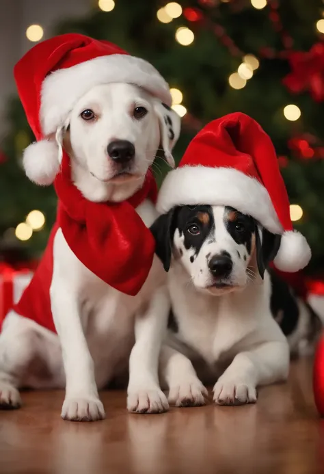 dalmations dogs dressed in santa claus hats and red bow for tie，lighted christmas tree in background, Fresh and lovely，a warm color palette，Warm scene，smiling girl，Friendly，Natural light，soft shade