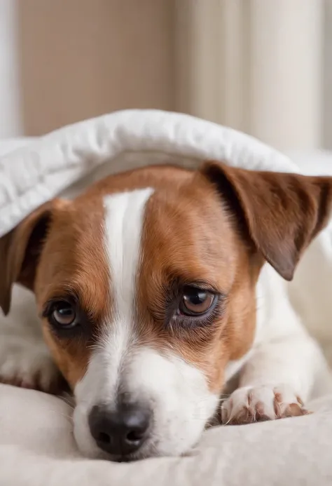 a jack russel terrier in his bed