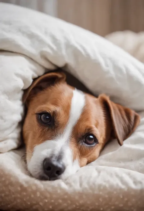 a jack russel terrier sleeping in his bed