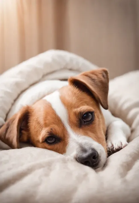 a jack russel terrier sleeping in his bed