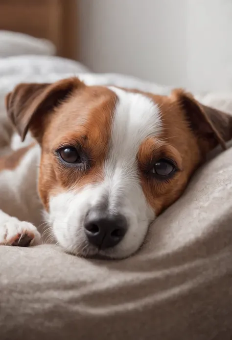 a jack russel terrier sleeping in his bed