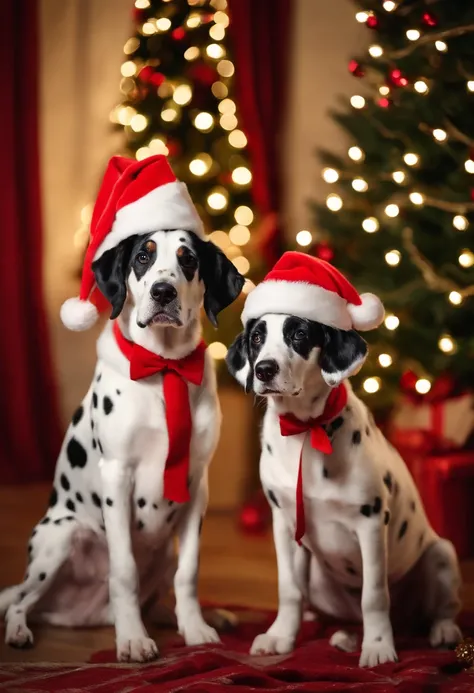 dalmations dogs dressed in santa claus hats and red bow for tie，lighted christmas tree in background, Fresh and lovely，a warm color palette，Warm scene，smiling girl，Friendly，Natural light，soft shade