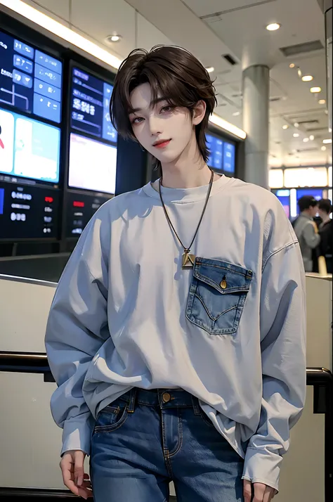 ((4K works))、​masterpiece、（top-quality)、((high-level image quality))、((One Manly Boy))、Slim body、((Jeans Fashion))、(Detailed beautiful eyes)、At the airport、Face similar to Chaewon in Ruseraphim、((short hair above the ears))、((Smaller face))、((Neutral face)...