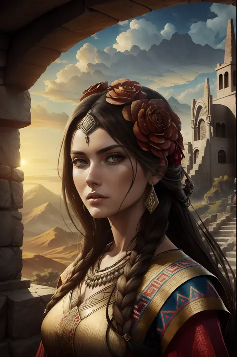 Arcane animation style, in the atmosphere of the Aztec, beautiful 20 year old young lady, in attractive Aztec clothing, Sun, flowers, mountains, romantic and beautiful shabby chic, in the style of Jean-Baptiste Monge, harmonious composition , distinctive s...