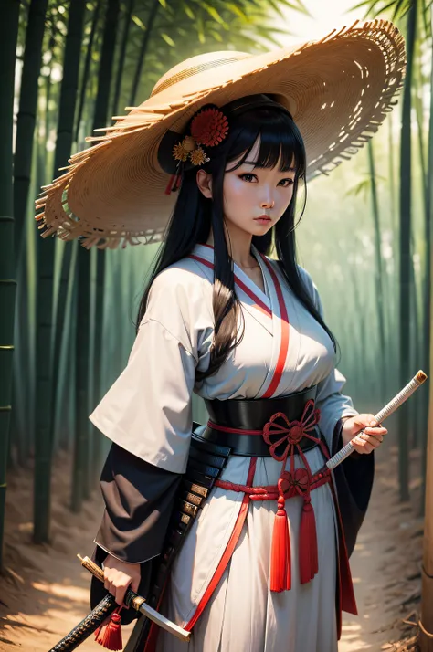 Beautiful Japanese woman from the front, with bamboo straw hat, highly detailed image, Samurai, full body, Samurai sword