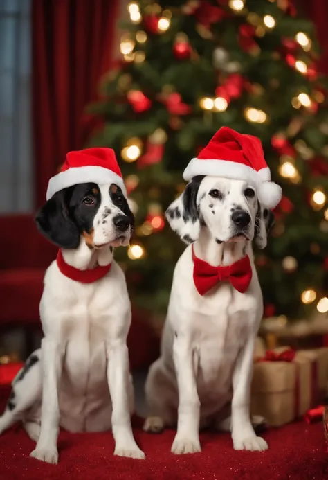 dalmations dogs dressed in santa claus hats and red bow for tie，lighted christmas tree in background, Fresh and lovely，a warm color palette，Warm scene，smiling girl，Friendly，Natural light，soft shade