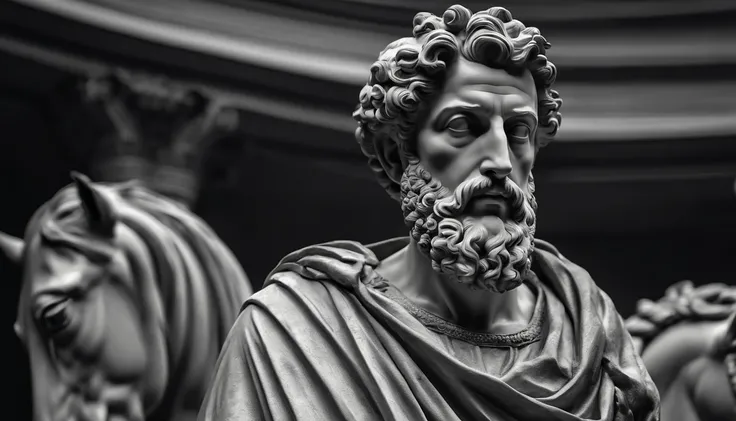 a portrait statue of the stoic Marcus Aurelius in black and white 4K, papel de parede super realista, corpo inteiro, corpo forte, musculoso, forte, sem camisa, tronco forte