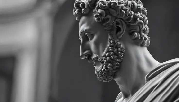 a portrait statue of the stoic Marcus Aurelius in black and white 4K, papel de parede super realista, corpo inteiro, corpo forte, musculoso, forte, sem camisa, tronco forte