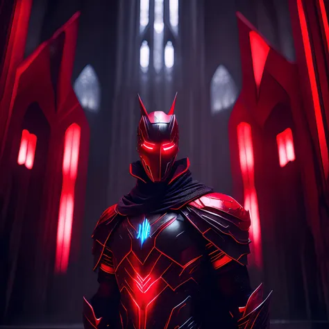 dark portrait of red Fire knight from Marvel Comics immerging from the dark silver evil powers with intricate angular cybernetic implants inside a brutalist building, gothic brutalist cathedral, cyberpunk, award-winning photo, bokeh, neon lights, cyberneti...