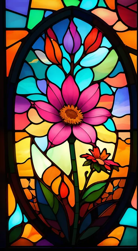 a colorfull flower in a garden at the sunset, stained on glass, st41nedg