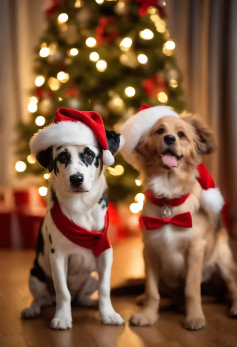 dalmations dogs dressed in santa claus hats and red bow for tie，lighted christmas tree in background, Fresh and lovely，a warm color palette，Warm scene，smiling girl，Friendly，Natural light，soft shade